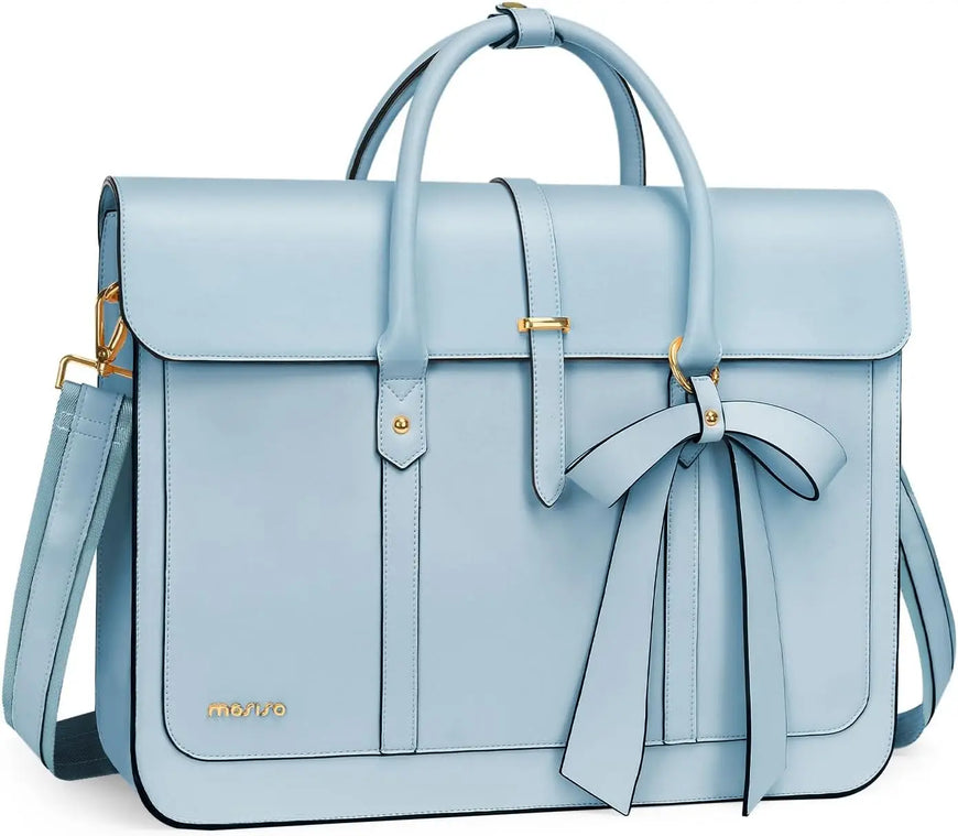Light blue handbag with a bow detail on a white background