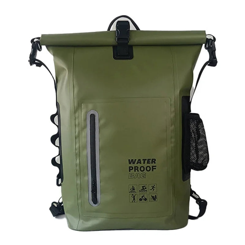 Green waterproof backpack on a white background