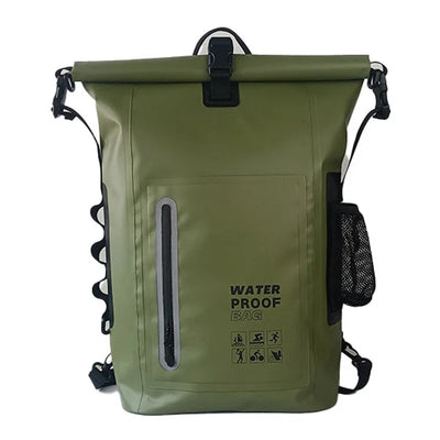 Green waterproof backpack on a white background