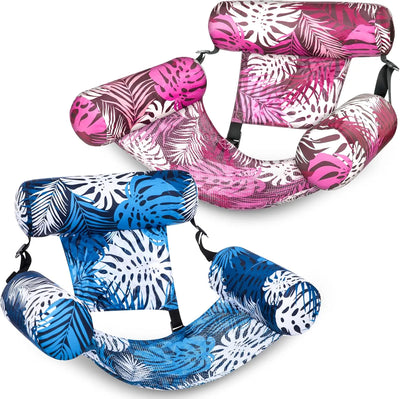 Two inflatable seat covers with pink and blue floral patterns on a white background