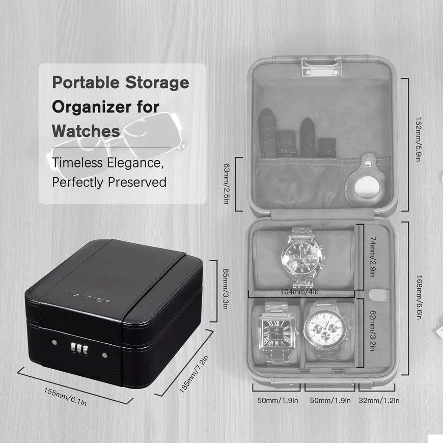 Black portable storage organizer for watches with dimensions on a wooden surface