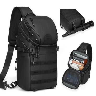 Black tactical sling bag with multiple compartments on a white background