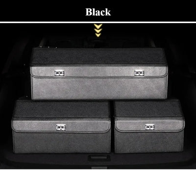 Three black fabric car trunk organizer boxes stacked inside a car trunk, with a black header at the top labeled 'Black' and gold arrows pointing down.