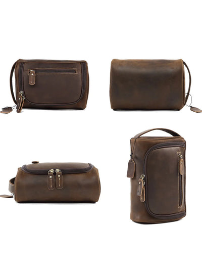 Top-Grain Leather Toiletry Bag for Men – Vintage Travel Organizer Pouch