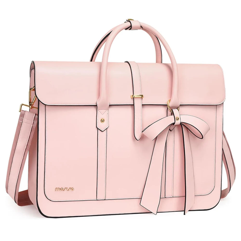 Pink handbag with a bow on a white background