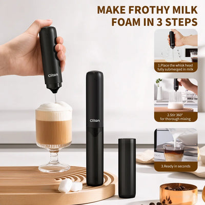 Clitton handheld milk frother shown in use with a hand holding the device above a latte topped with foam, alongside two black cylindrical body pieces and instructional callouts about making frothy milk in 3 steps.
