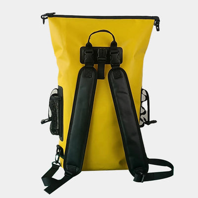 Yellow backpack with black straps on a white background