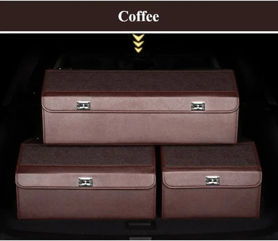 Three brown car storage organizer boxes stacked inside a trunk, with a dark brown banner at the top labeled 'Coffee'.