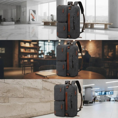 A dark gray canvas backpack with brown leather accents is shown in three different environments: a modern office lobby, a cozy library study, and an airport terminal. The backpack features a stackable two-compartment front design with brown leather straps and zipper pulls.