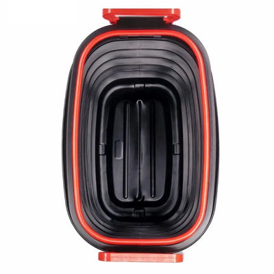 A black collapsible plastic storage bin with a red inner liner and red latch mechanism, shown from a top-down view on a white background.