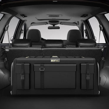 Black cargo organizer in the back of a vehicle with 'S&R' branding.