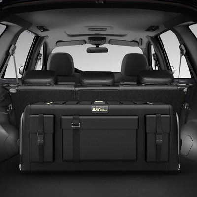 Black cargo organizer in the back of a vehicle with 'S&R' branding.