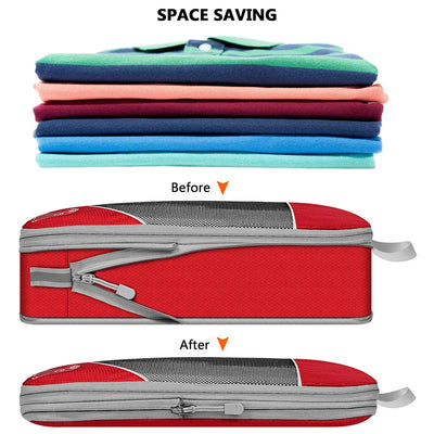 A product comparison graphic showing a stack of folded colorful garments labeled 'SPACE SAVING' above, and the same item shown partially unzipped in 'Before' and 'After' positions on a white background.