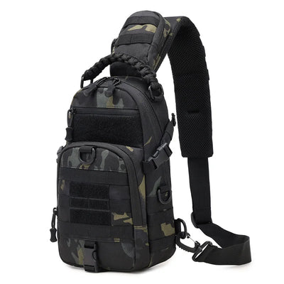 Camouflage sling bag with multiple pockets on a white background