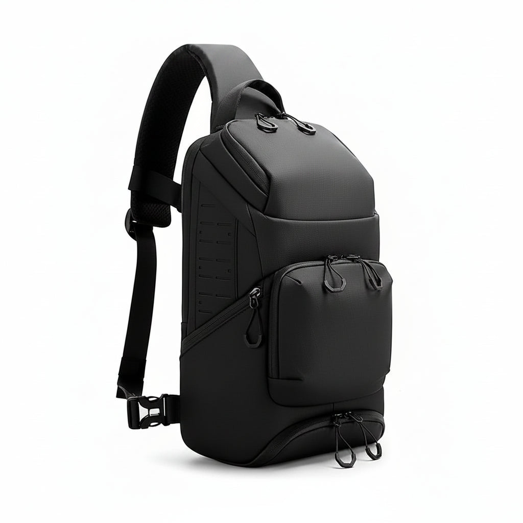Black BANGE detachable shoulder backpack shown on a white background, with a circular inset demonstrating the detachable velcro pad and a smaller view of the backpack open with accessories inside.