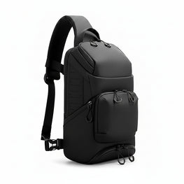 Black BANGE detachable shoulder backpack shown on a white background, with a circular inset demonstrating the detachable velcro pad and a smaller view of the backpack open with accessories inside.