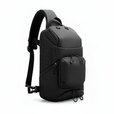 Black BANGE detachable shoulder backpack shown on a white background, with a circular inset demonstrating the detachable velcro pad and a smaller view of the backpack open with accessories inside.