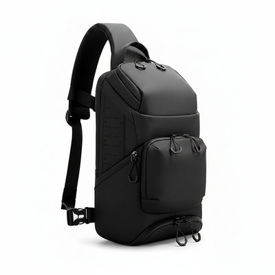 Black BANGE detachable shoulder backpack shown on a white background, with a circular inset demonstrating the detachable velcro pad and a smaller view of the backpack open with accessories inside.