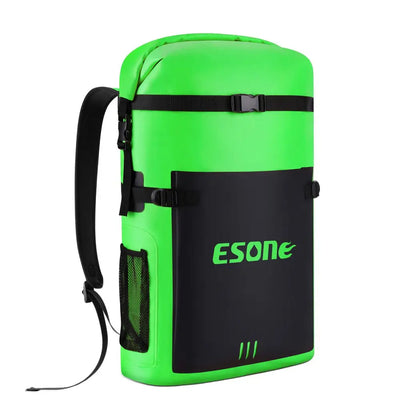 Green and black backpack with 'ESONE' branding on a white background