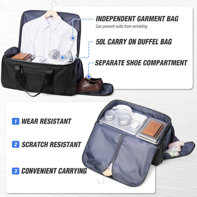 Black duffel bag with compartments for clothes, shoes, and accessories on a white background.