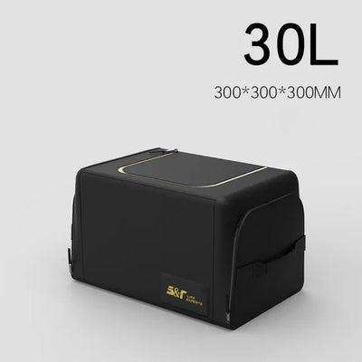 Black 30L storage bag with dimensions on a light gray background
