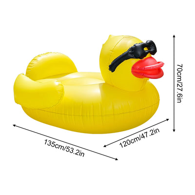 Inflatable yellow duck pool float with measurements on a white background