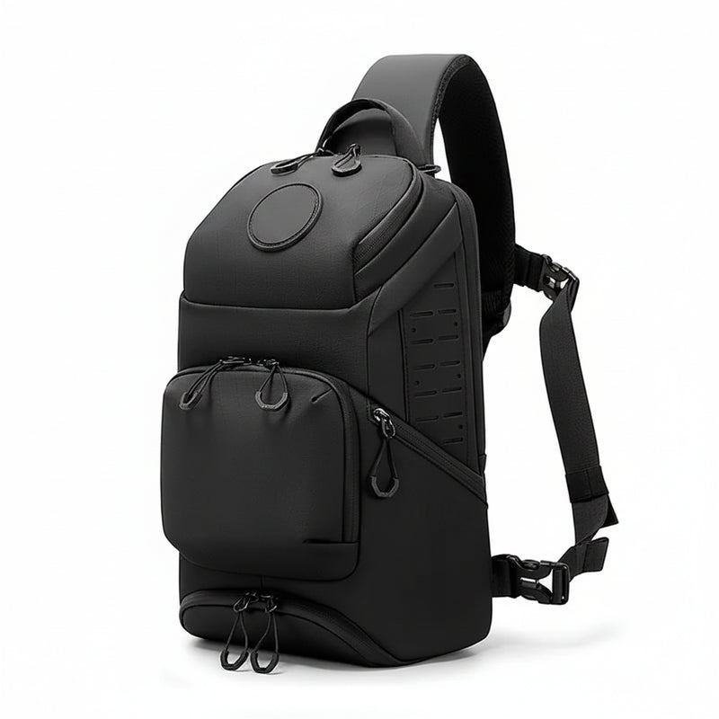 Black BANGE detachable shoulder backpack shown on a white background, with a circular inset demonstrating the detachable velcro pad and a smaller view of the backpack open with accessories inside.