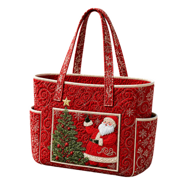 Christmas Santa Quilted Tote Bag – Multi-Pocket Shoulder Handbag