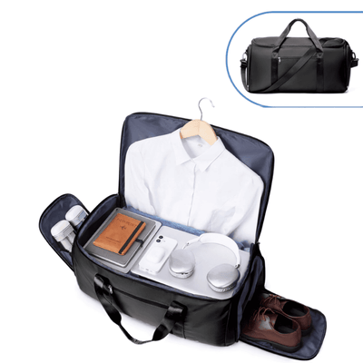 A black travel bag shown open with a white dress shirt, laptop, headphones, notebook, toiletries, and brown shoes inside, plus a small inset image at the top right showing the bag closed.
