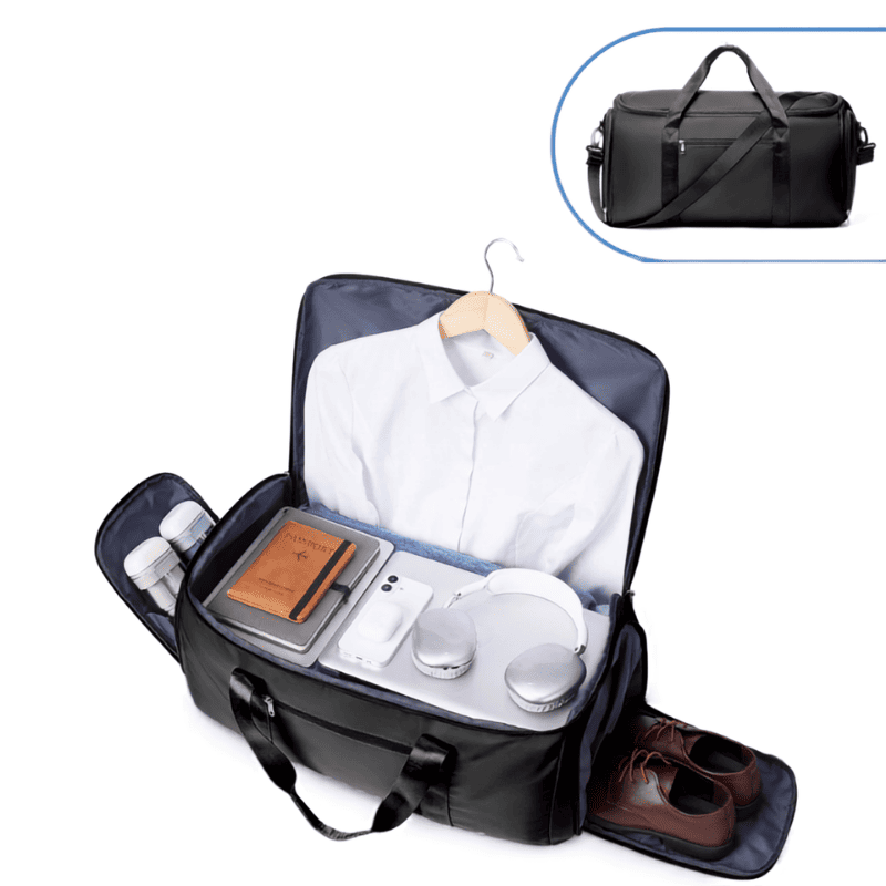 A teal and dark gray carry-on luggage bag shown open, filled with a white shirt, notebook, phone, headphones, toiletries, and brown shoes. A smaller inset at the top right shows the closed bag with handles and shoulder strap.