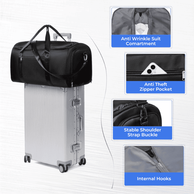 A black duffel bag shown on top of a silver rolling suitcase against a light gray background, with four inset detail callouts labeled Anti Wrinkle Suit Compartment, Anti Theft Zipper Pocket, Stable Shoulder Strap Buckle, and Internal Hooks.