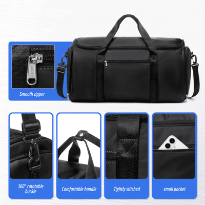 Black nylon duffel bag with top handles, a shoulder strap, and multiple feature callout panels showing a smooth zipper, 360-degree rotatable buckle, comfortable handle, tightly stitched seams, and a small side pocket.