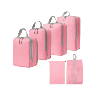Five pink packing cubes of different sizes with gray zippers and handles, shown on a plain white background with two smaller flat views at the bottom.