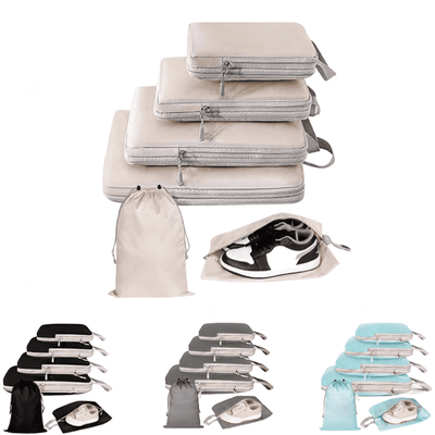 A set of reusable shoe bag travel organizers in multiple colors, including beige, black, gray, and light blue. The image shows the bags stacked, with one shown empty and another shown containing a pair of black and white sneakers.