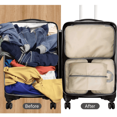 A split comparison showing a suitcase with clothes inside labeled 'Before' on the left and neatly packed with beige travel organizers labeled 'After' on the right.