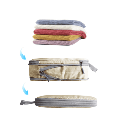 A set of four folded knit blankets in pastel blue, white, red, and yellow is shown above a beige zippered storage bag, with two blue arrows indicating how the blankets are packed into the bag. The background is solid white.