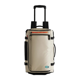 A beige and black rolling duffel bag with an extended telescoping handle, shown against a plain white background. The bag features a beige body with black trim, side pockets, and straps, and a small green and blue logo on the bottom front.