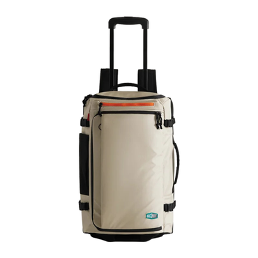 A beige and black rolling duffel bag with an extended telescoping handle, shown against a plain white background. The bag features a beige body with black trim, side pockets, and straps, and a small green and blue logo on the bottom front.