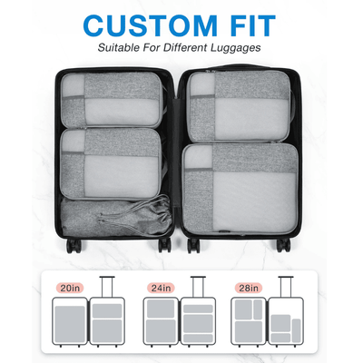 Custom-fit luggage organizer set shown inside an open black suitcase on a white background, with text reading 'CUSTOM FIT' and size diagrams for 20in, 24in, and 28in luggage below.