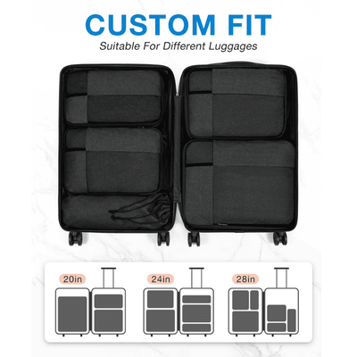 Open black suitcase with custom-fit interior organizer compartments, shown above a size guide indicating 20in, 24in, and 28in luggage compatibility. Text at top reads 'CUSTOM FIT Suitable For Different Luggages'.