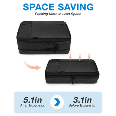 A black zippered storage bag shown in two states on a white background: expanded at the top and compressed at the bottom with arrows indicating space-saving expansion. Text reads 'SPACE SAVING' and shows dimensions '5.